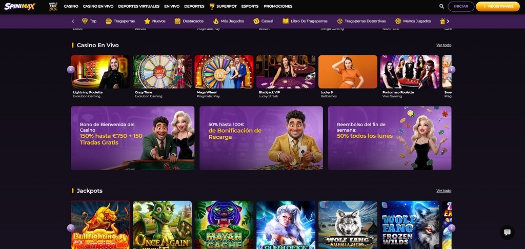 Interfaz del casino Spinimax