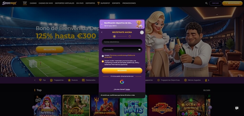 Registro en Spinimax Casino