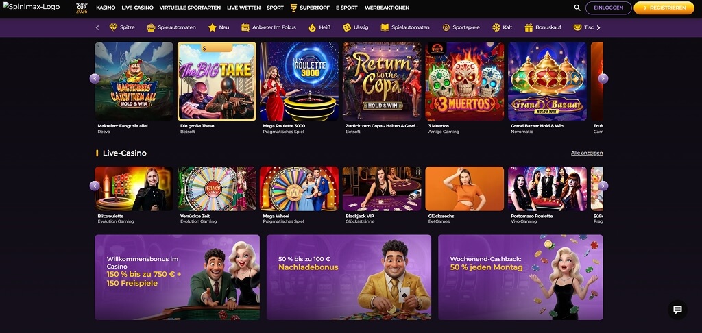 Spinmax Casino-Benutzeroberfläche